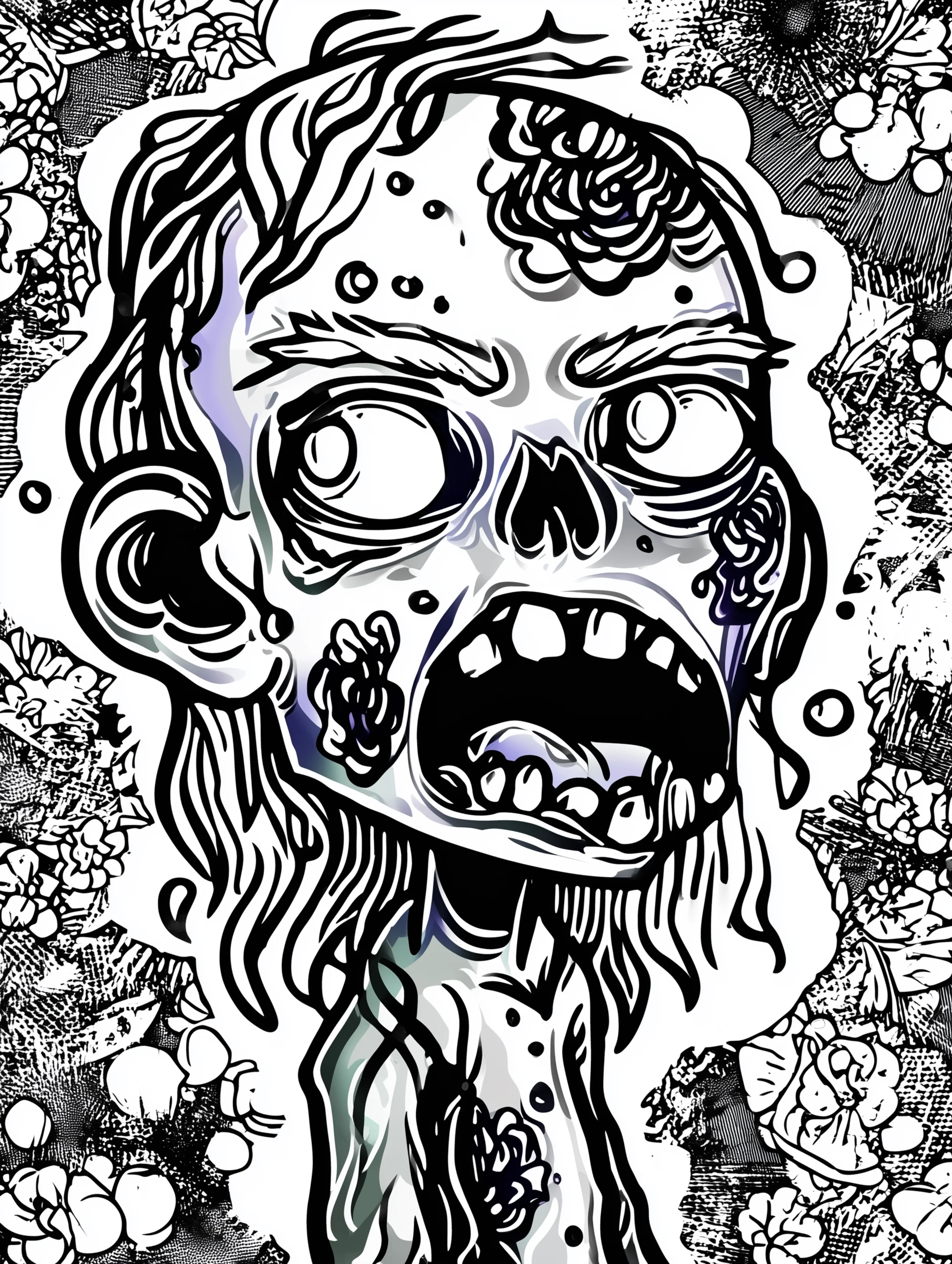 Free printable zombie coloring page for adults featuring a gross drooling zombie
